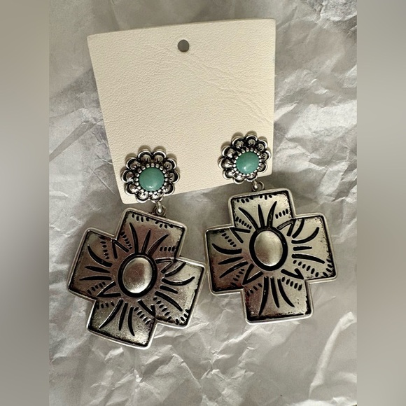 Free People “Elitsa” Cross Dangle Earrings | Silver & Turquoise | NWT - Picture 2 of 2